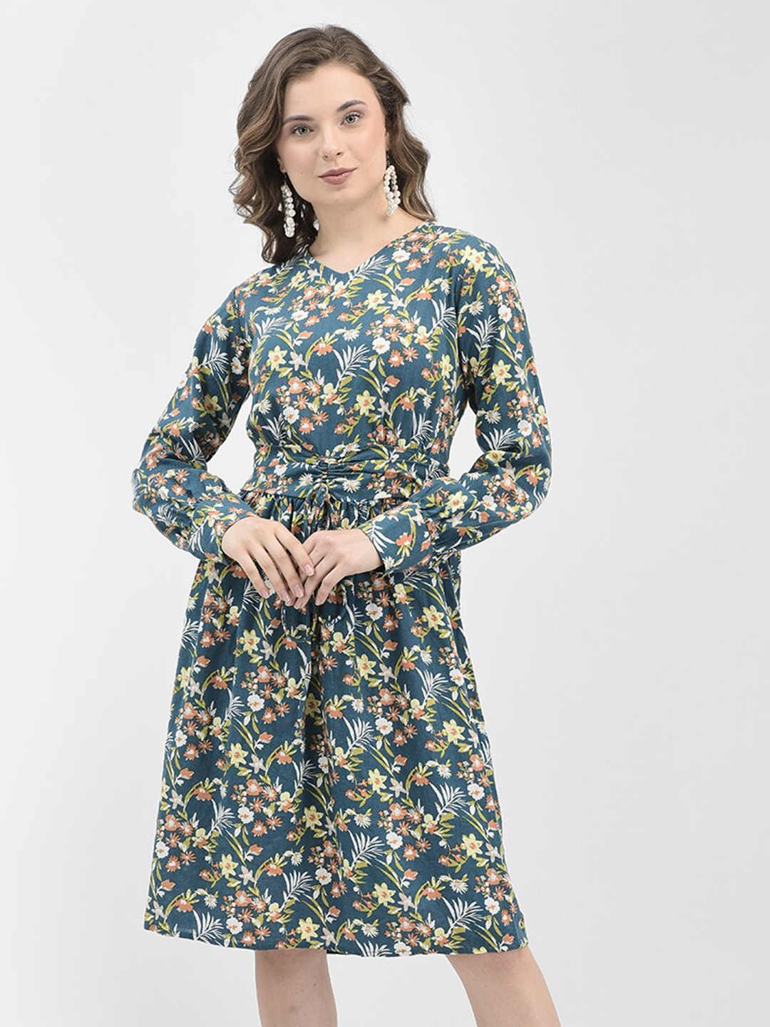 Buy Crimsoune Club Floral Print Cotton V Neck Puff Sleeve Fit & Flare ...