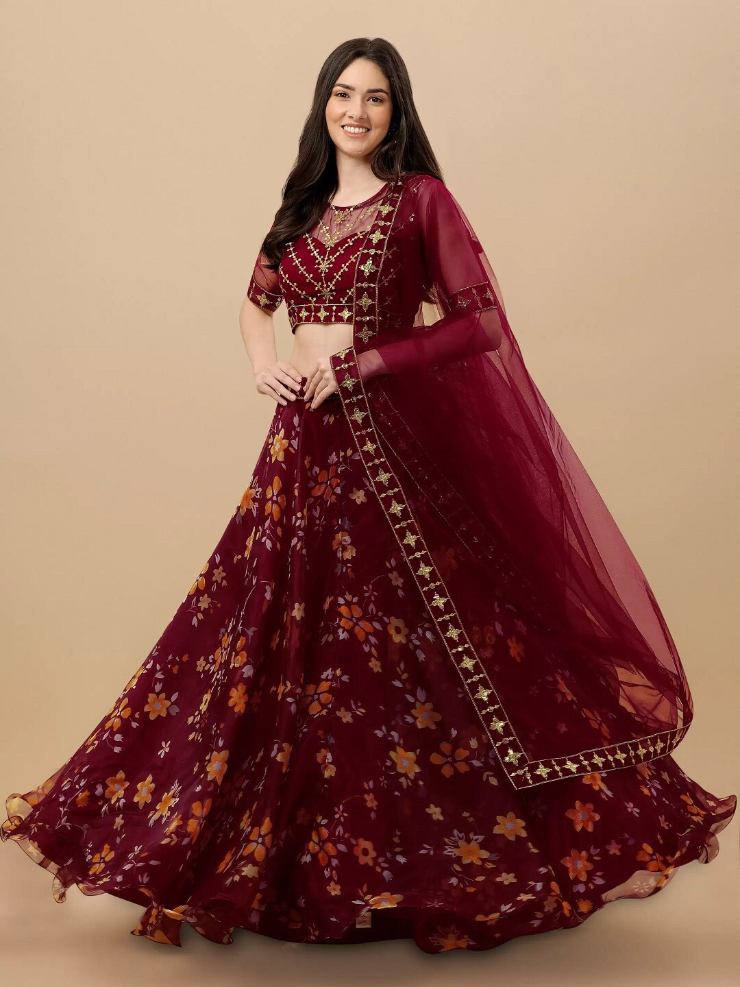 Inddus Burgundy Embroidered Thread Work Semi-Stitched Lehenga & Unstitched Blouse With Dupatta Net main image 1