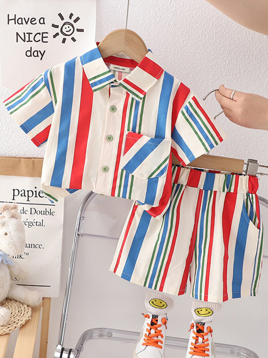 Boys Light Blue Stripes Short Sleeves Shirt With Shorts Sets