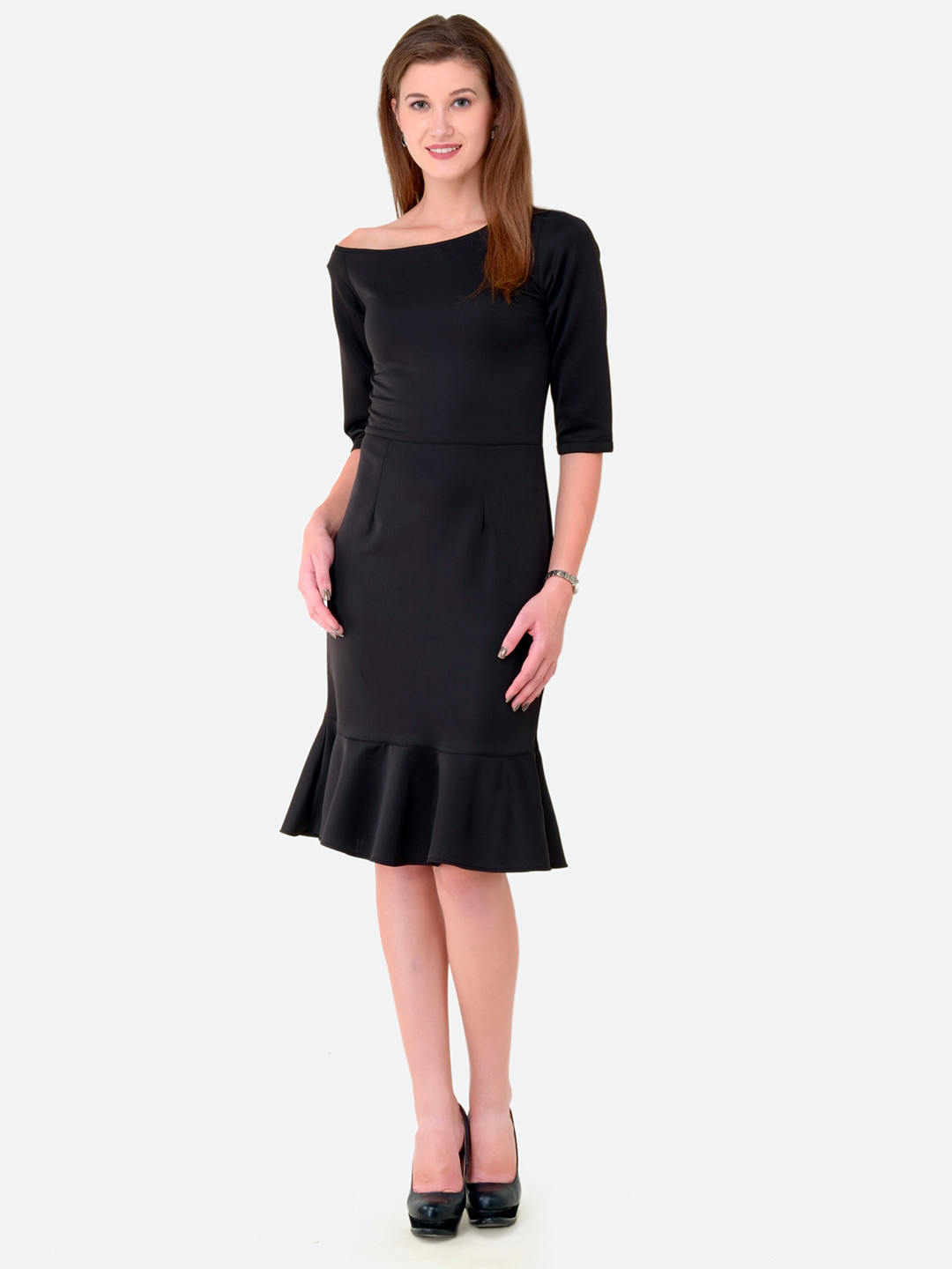 Pleated Round Neck Scuba Dress main image 1