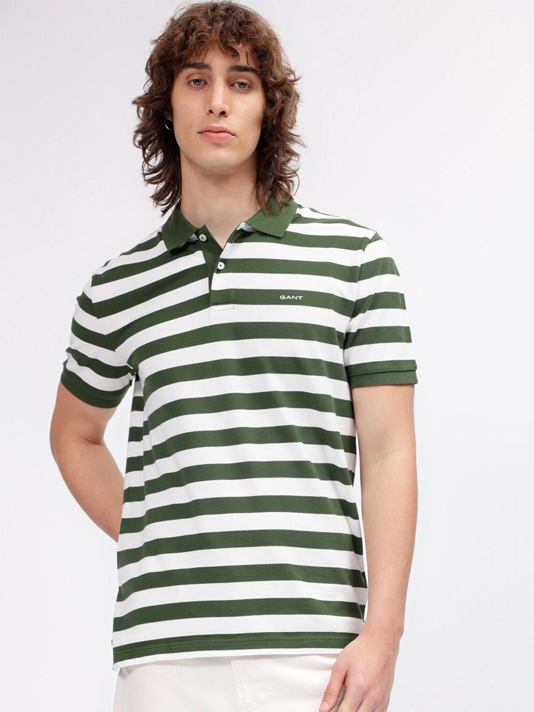 Gant Men Cream Striped Polo T-Shirt
