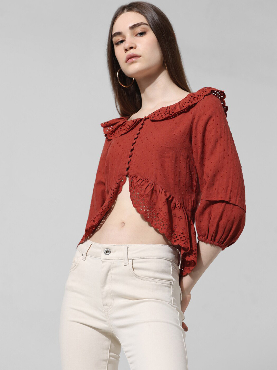 Women's Cream Self Design Puff Sleeve A-Line Crop Top