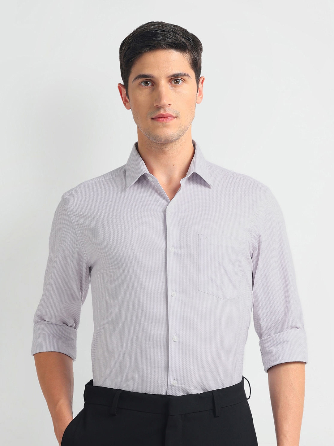 Buy Arrow Slim Fit Micro Checked Twill Pure Cotton Formal Shirt ...