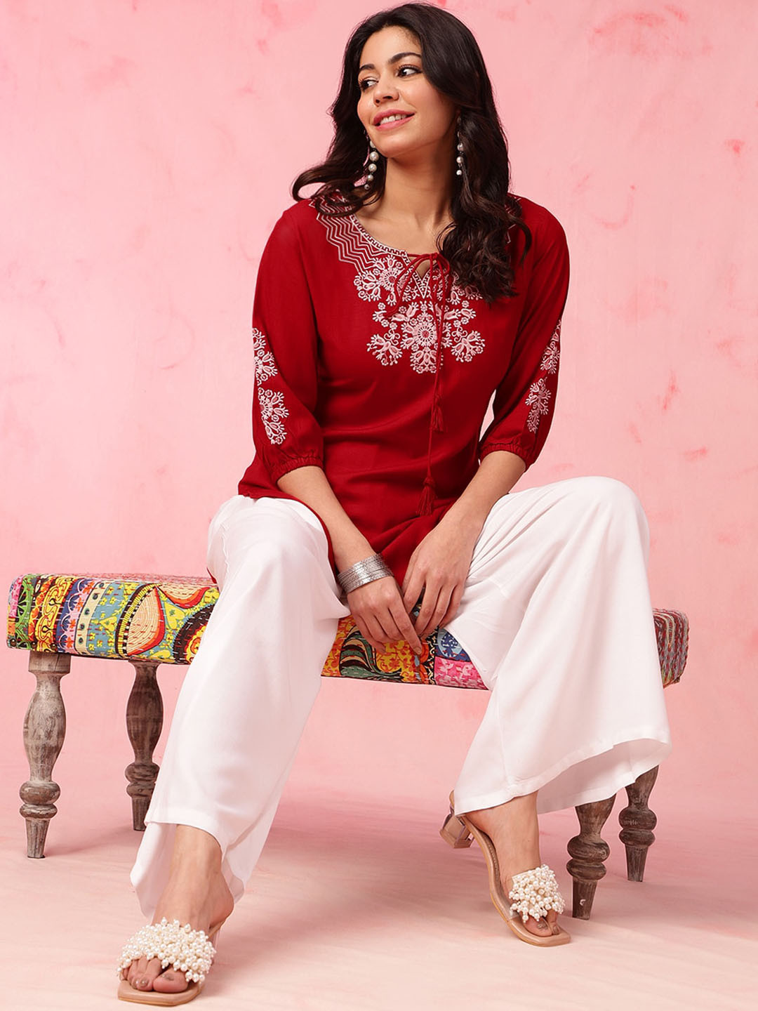 Black Geometric Embroidered Tie Up Neck Pure Cotton Kurti
