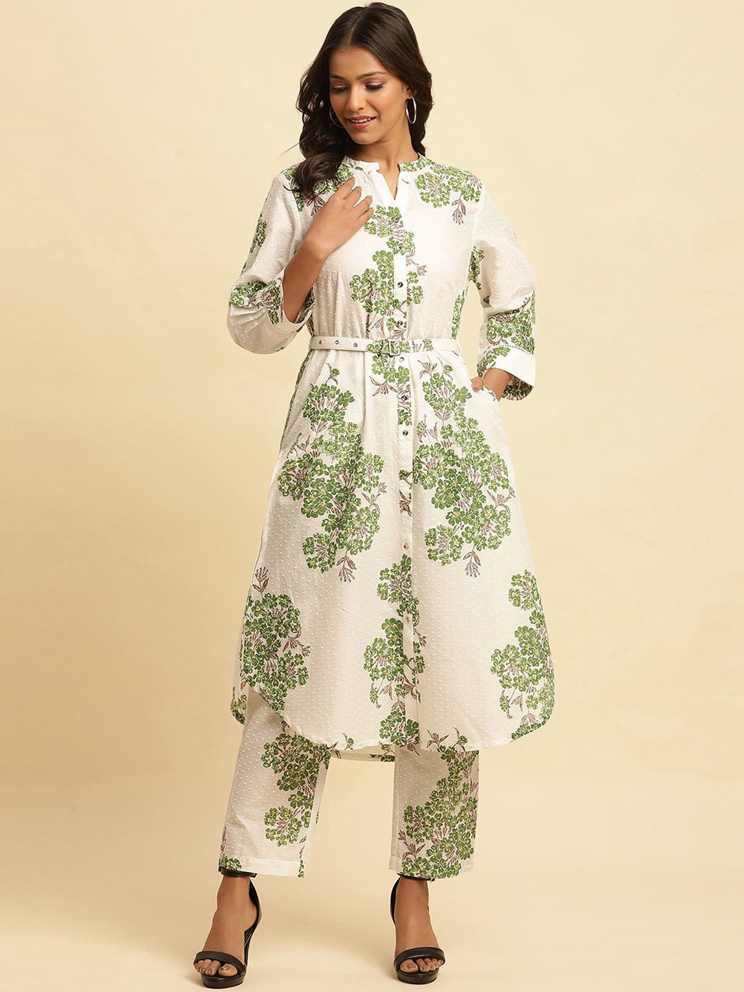 White Cotton A-Line Kurta Pant Set for Women with Yellow-Green Floral Print