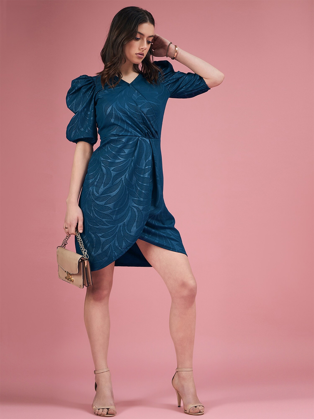 Buy DressBerry Green V Neck Puff Sleeve Sheath Dress - Dresses for ...
