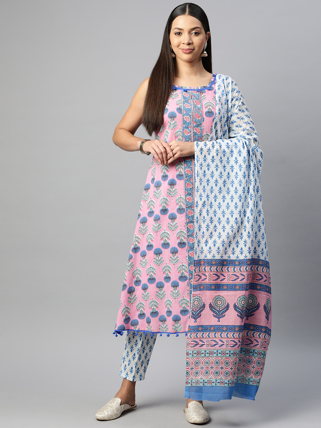 Buy BUTA BUTI Floral Printed Round Neck Sleeveless Pure Cotton Kurta ...