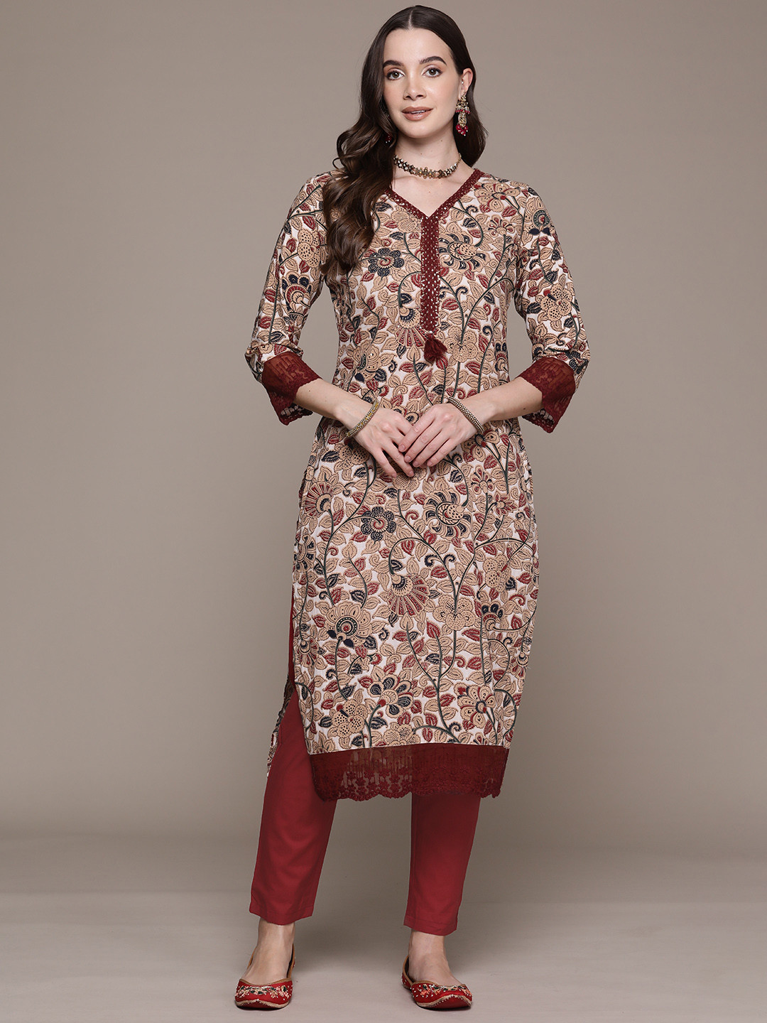 Black Floral Printed Sequinned Detailed Pure Cotton A-Line Kurta With Trouser