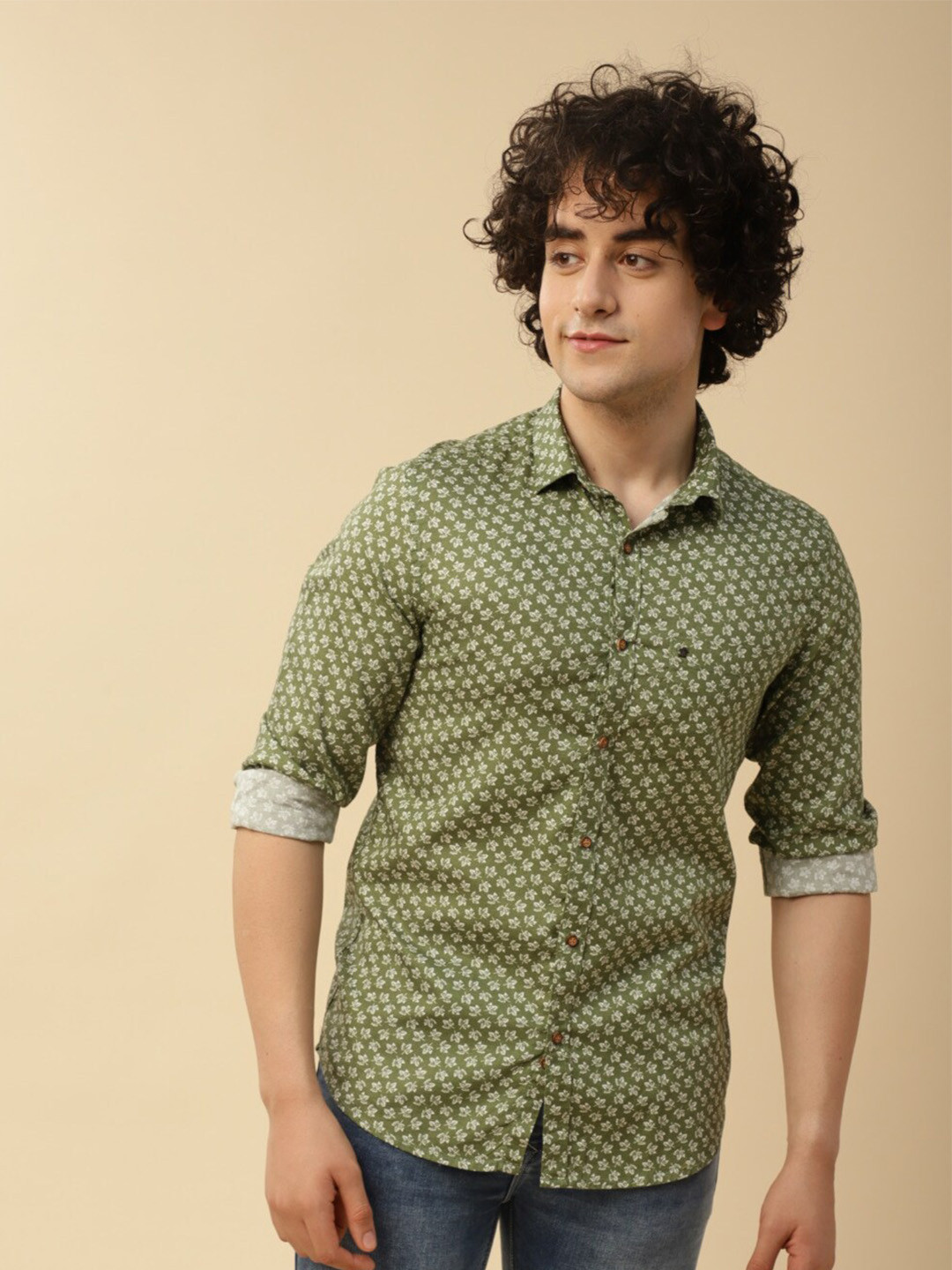 Men's Turquoise Blue Slim Fit Floral Printed Cotton Casual Shirt