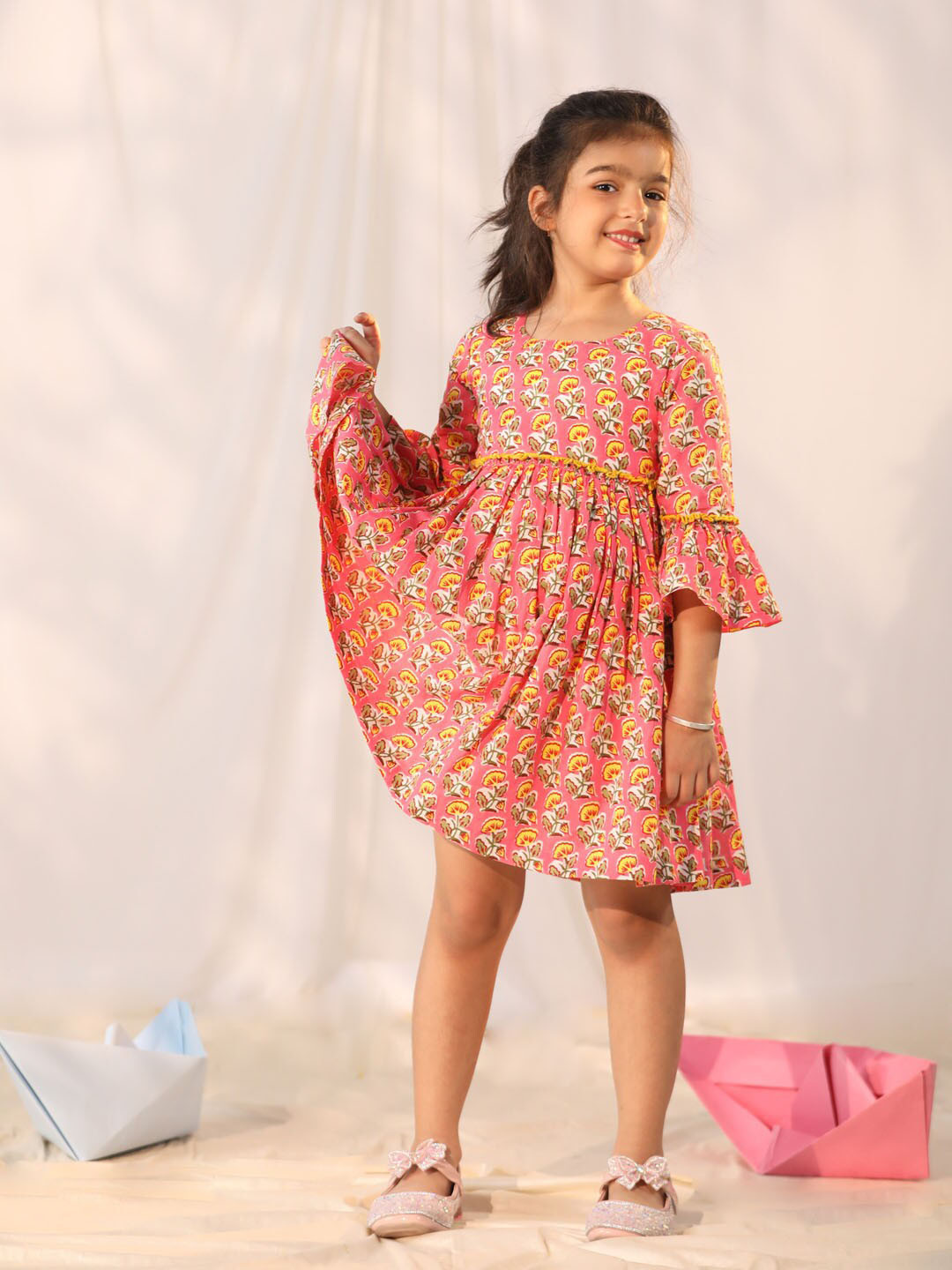 Girls Pink Beige Ice-Cream Print Cotton A-Line Dress With Tie-Up