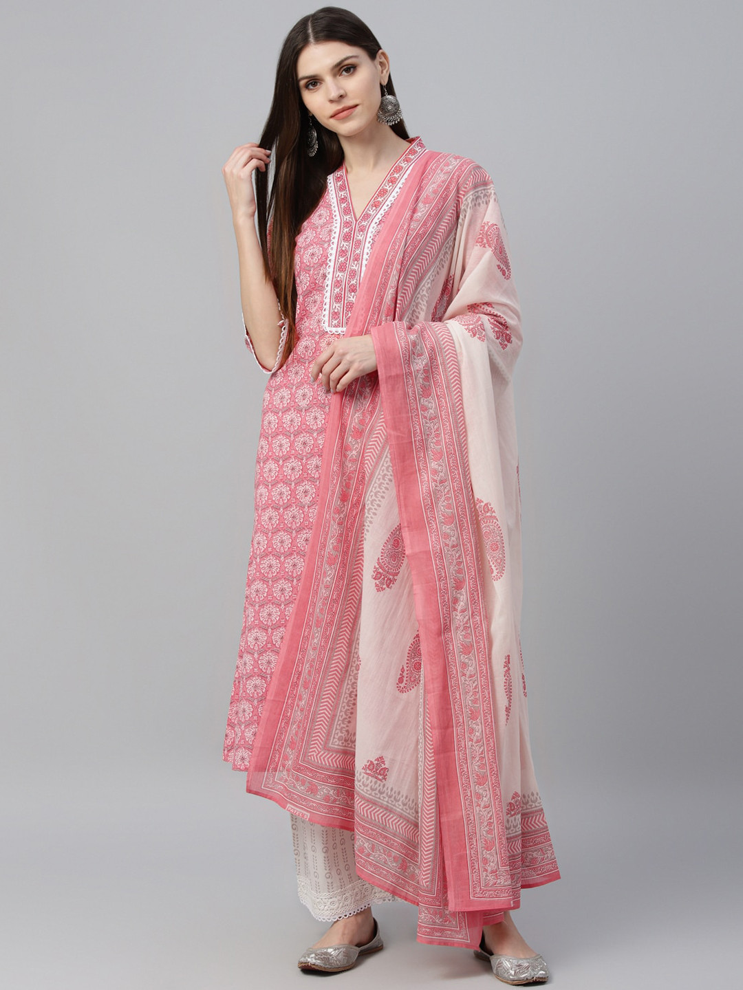 Women Floral printed orange round_neck cotton  Kurta Trouser And Dupatta Set