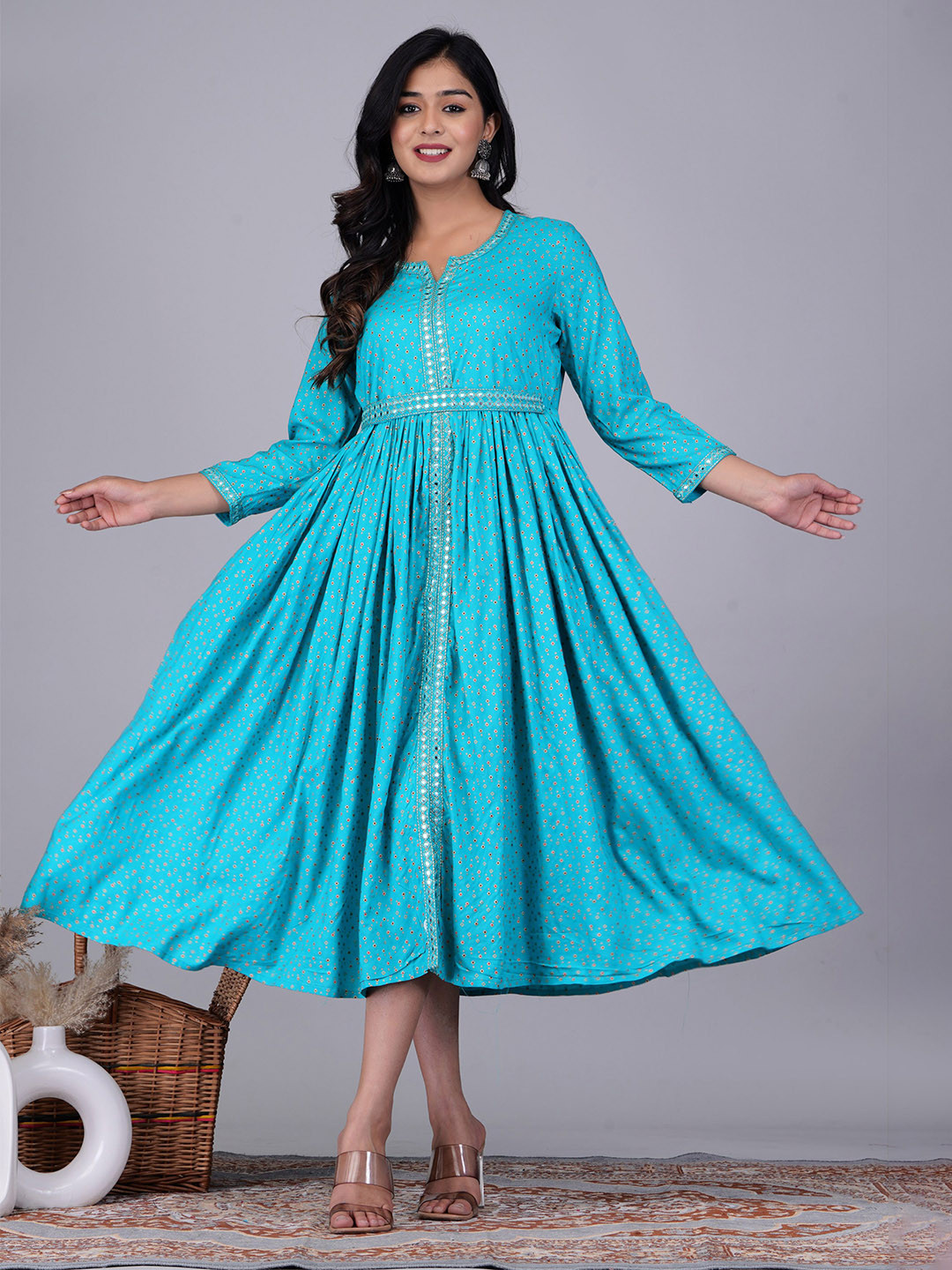 Buy SIDDHANAM Ethnic Motifs Printed Mirror Work Fit & Flare Midi Ethnic