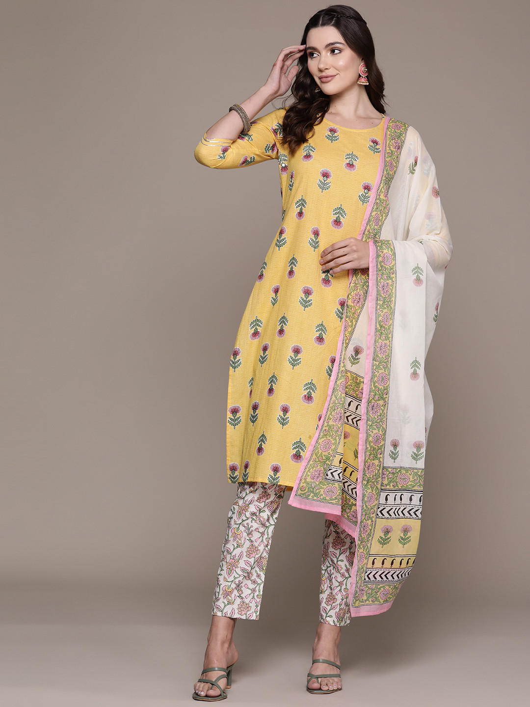 Abstract Printed Regular Sequinned Pure Silk Kurta with Trousers & Dupatta