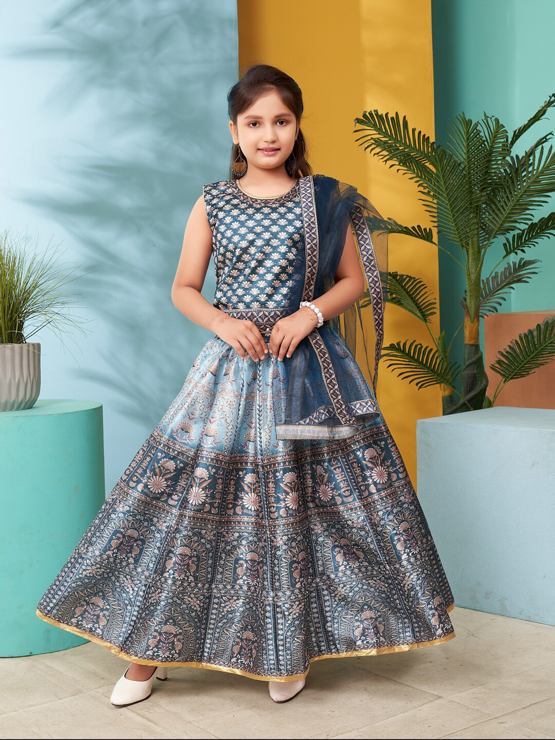 Nautinati Girls Chevron Printed Ready To Wear Pure Cotton Lehenga Choli With Dupatta