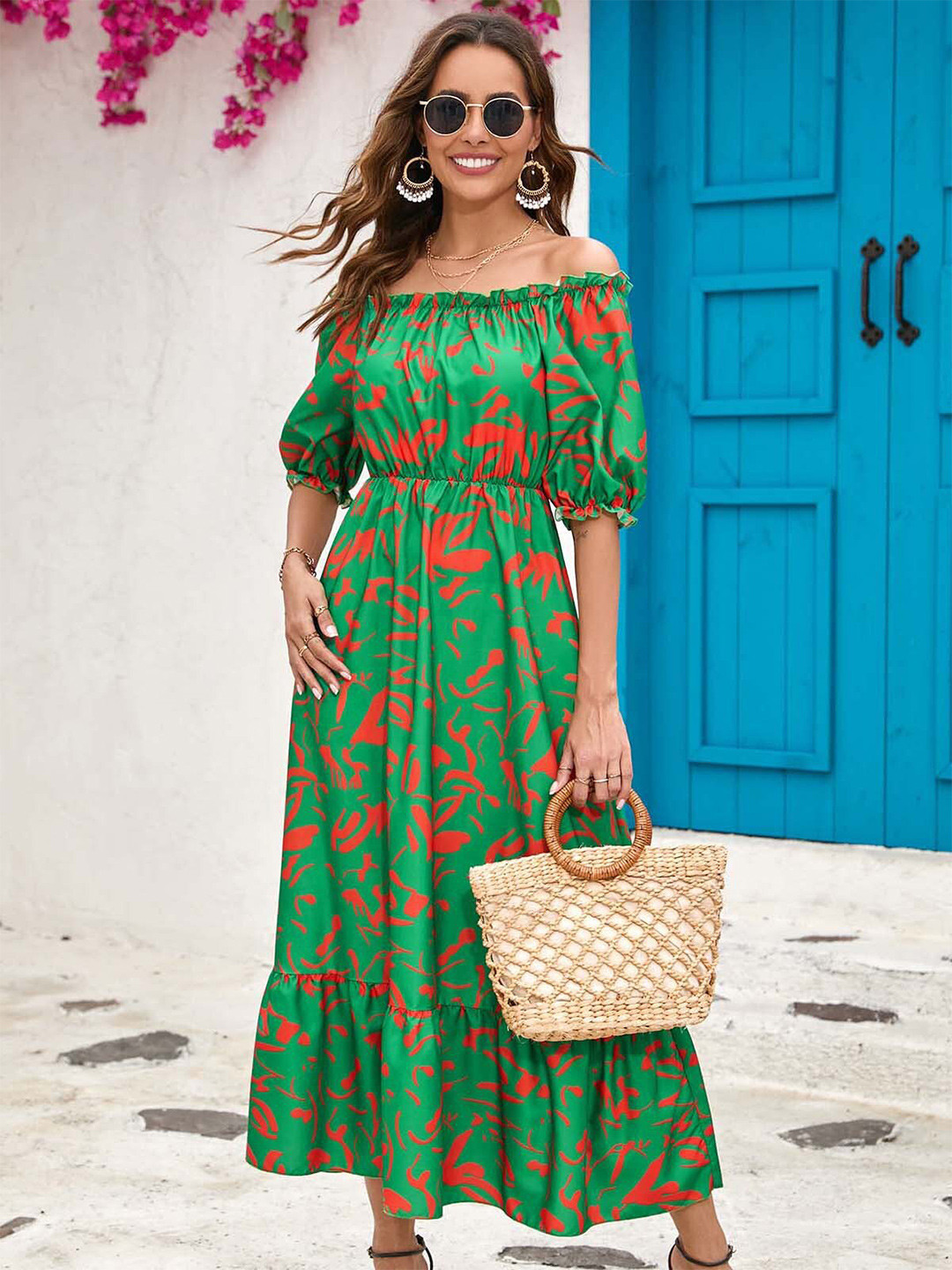 Off Shoulder Puff Short Sleeve Tiered Dress