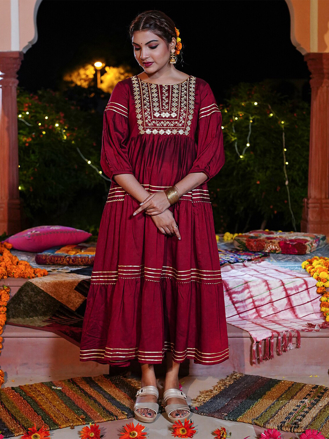 Red Ethnic Motifs Midi Dress with Embroidered Patch Pockets & Shoulder Tabs