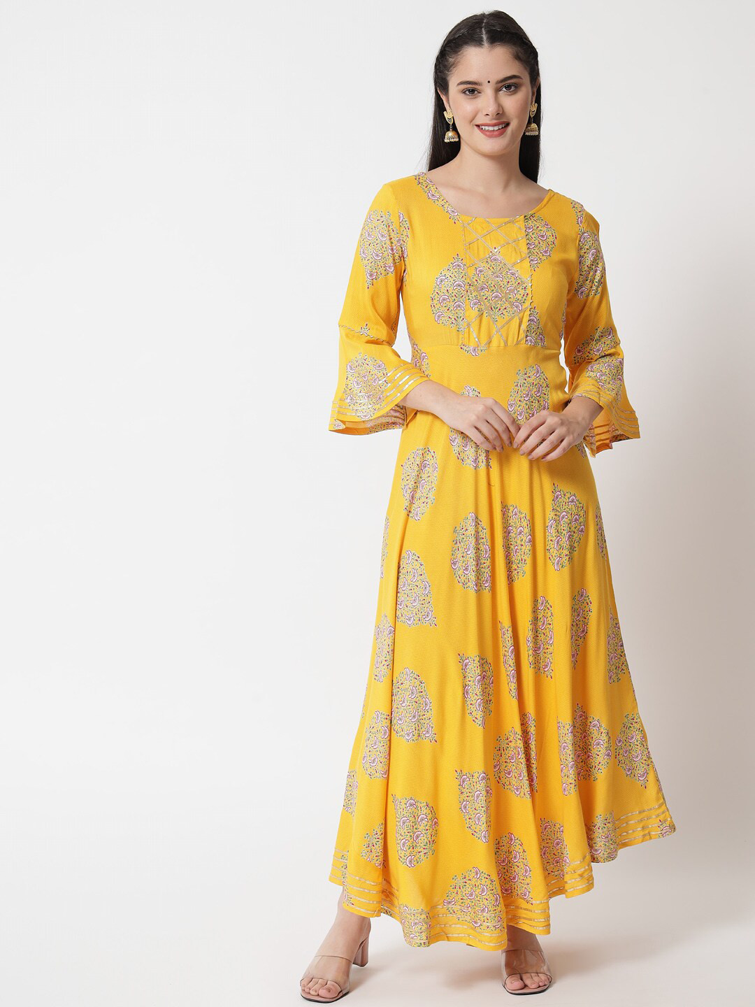 Women'S Mustard Yellow Bell Sleeves Gotta Patti Striped Straight Kurti