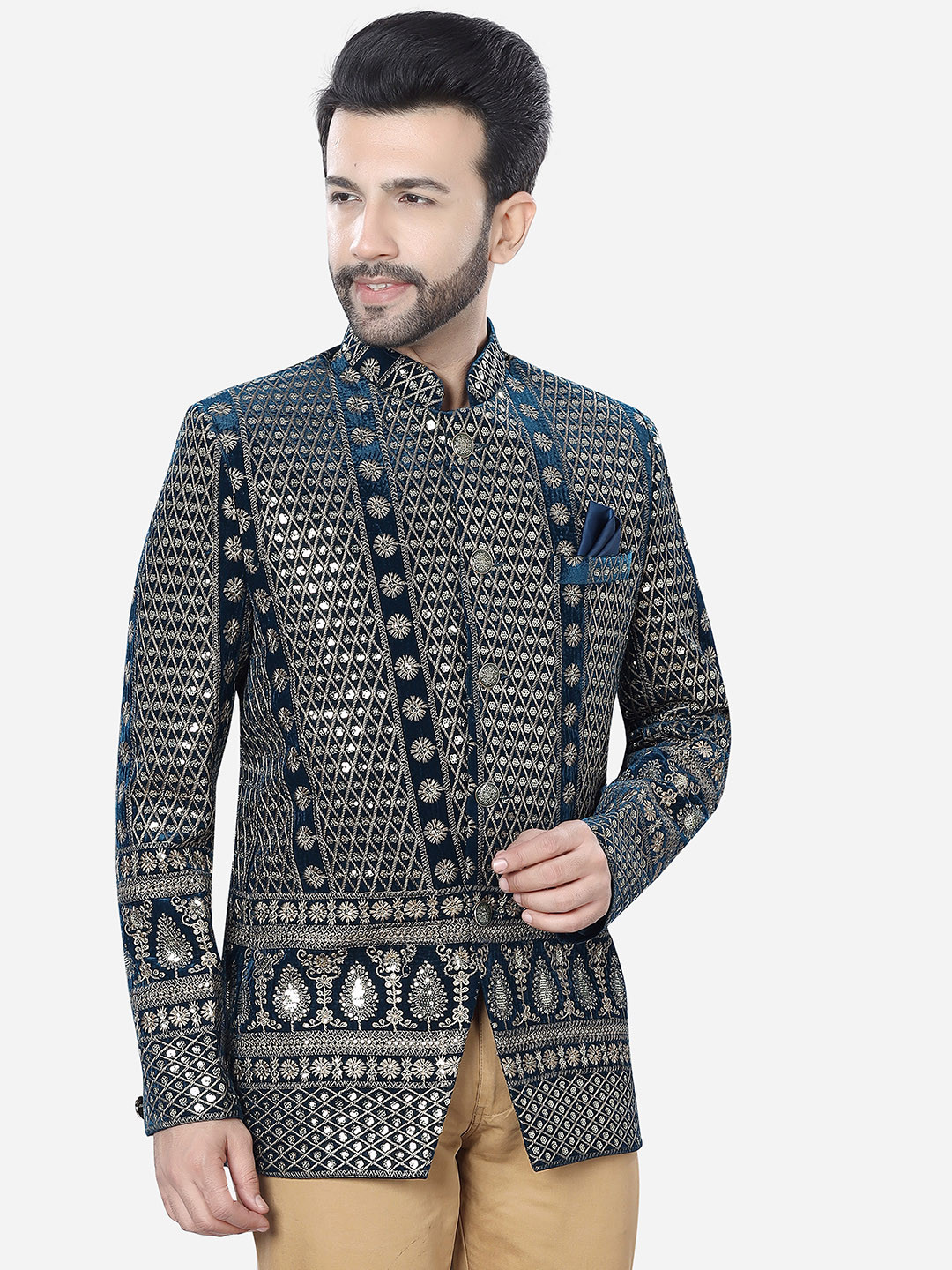 Men's Olive Printed Bandhgala Blazer