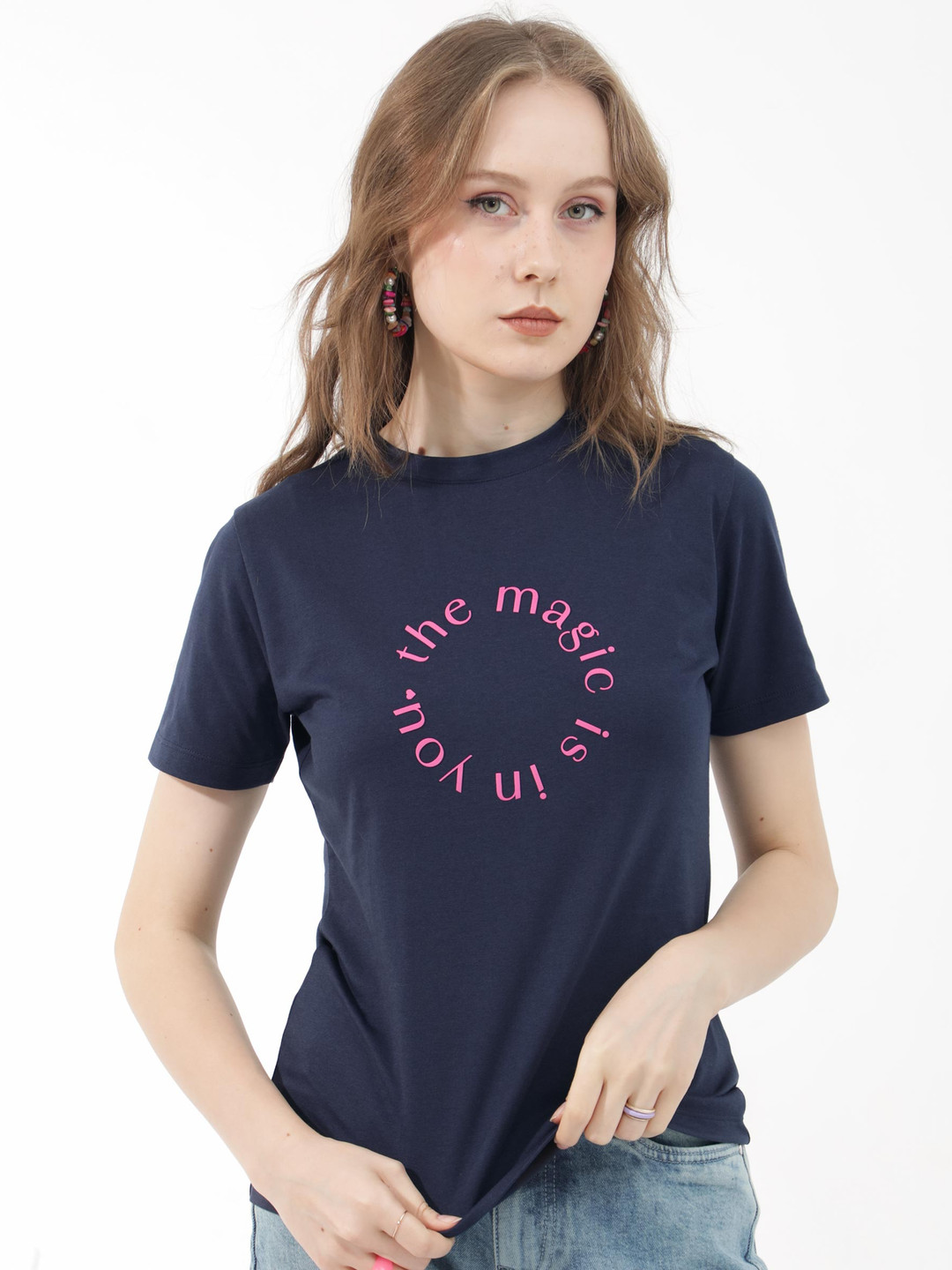 Rareism Women's Qlax Pink Cotton Graphic Print Oversized T-Shirt