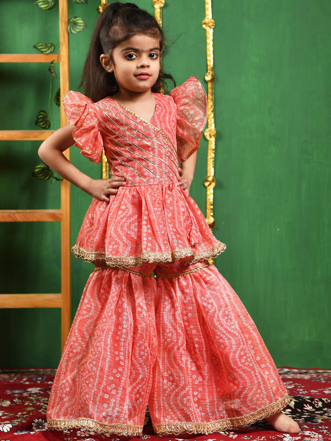 Girls Pink Leheriya Printed With Gotta Patti Lace Kurta With Sharara