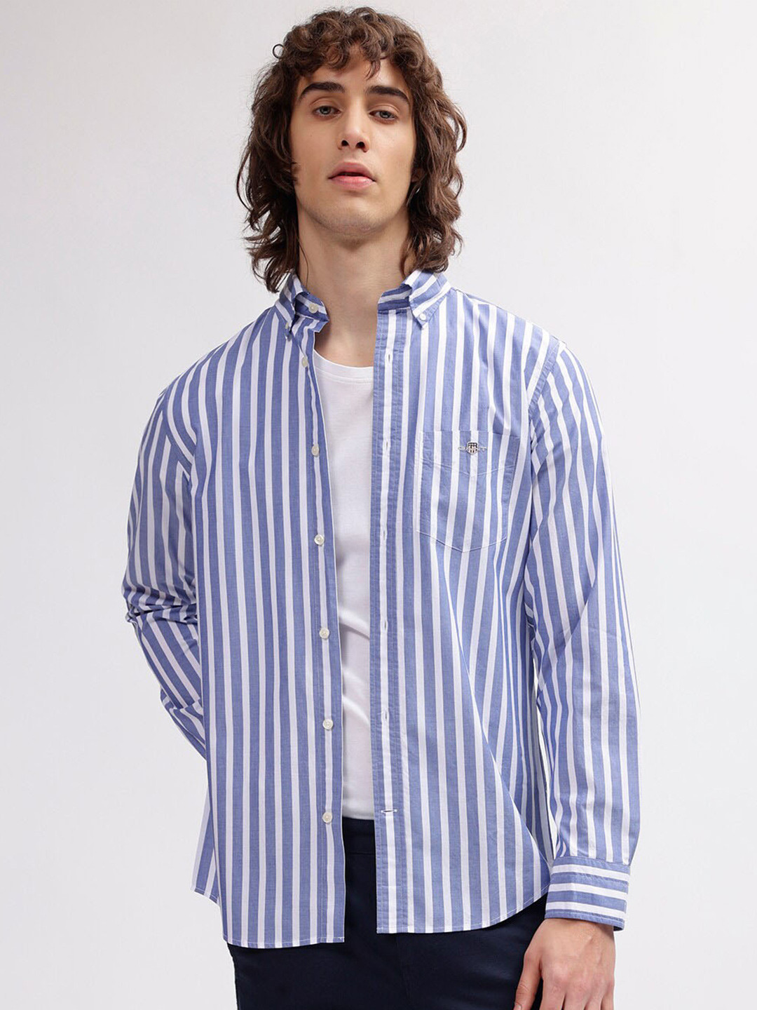 Gant Men Blue Striped Button-Down Collar Full Sleeves Shirt