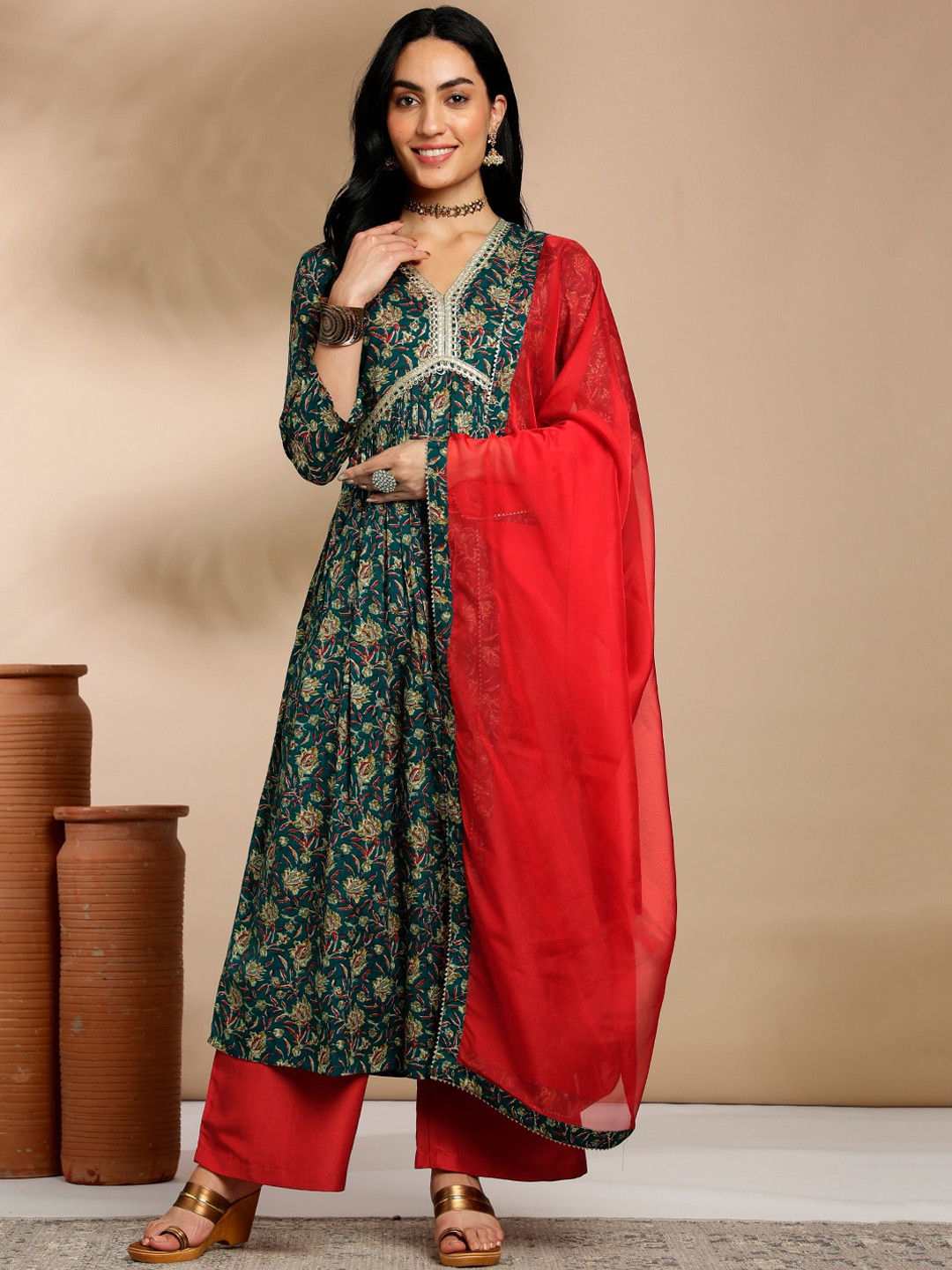 Women Green Floral Cambric Anarkali Kurta With Pencil Pants & Dupatta
