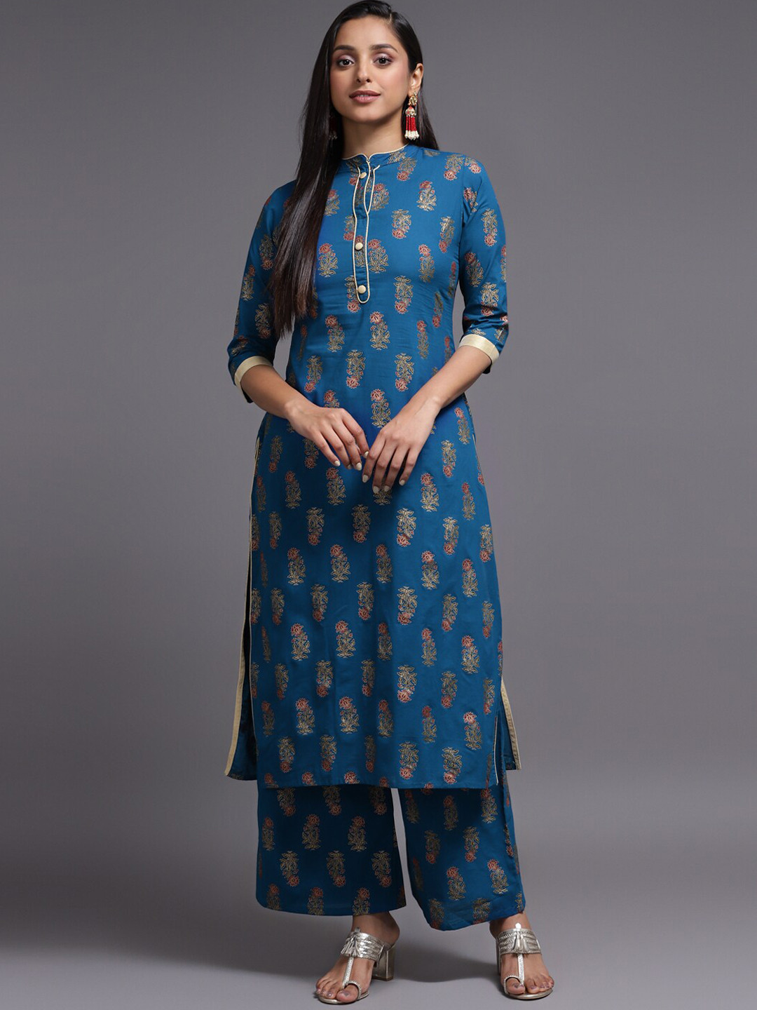 Green Striped Floral Print Kurta With Palazzos