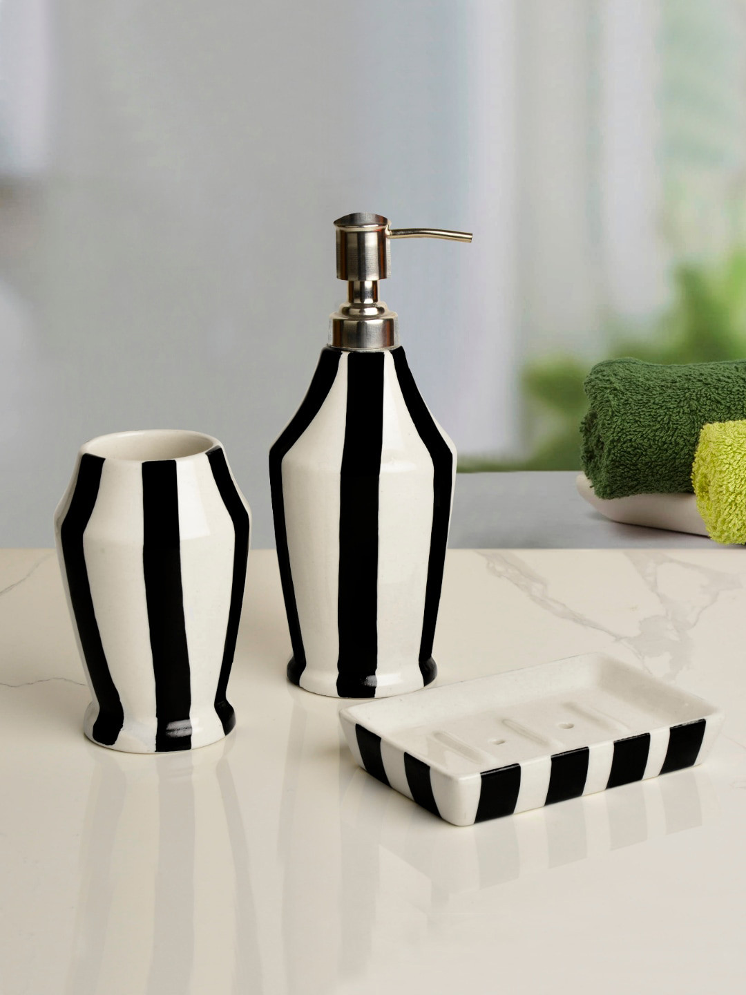 Buy StyleMyWay Black & White 3 Pieces Striped Printed Bathroom ...