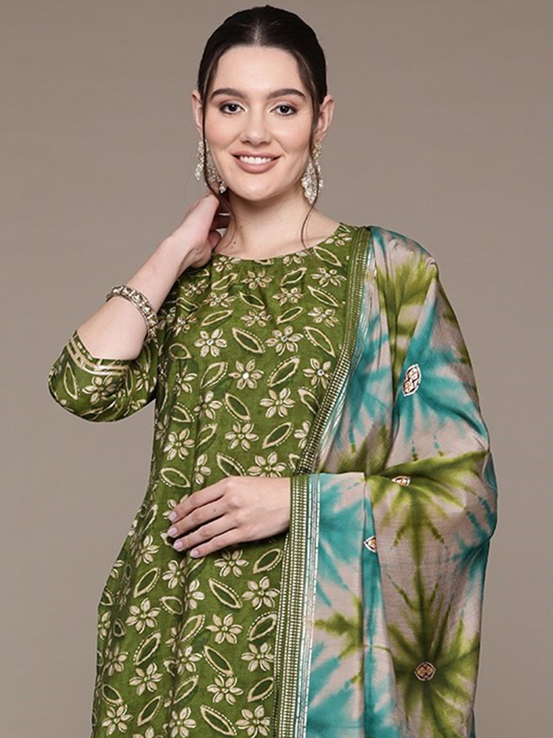Burgundy Ethnic Motifs Printed Sequined A-Line Kurta With Trousers & Dupatta