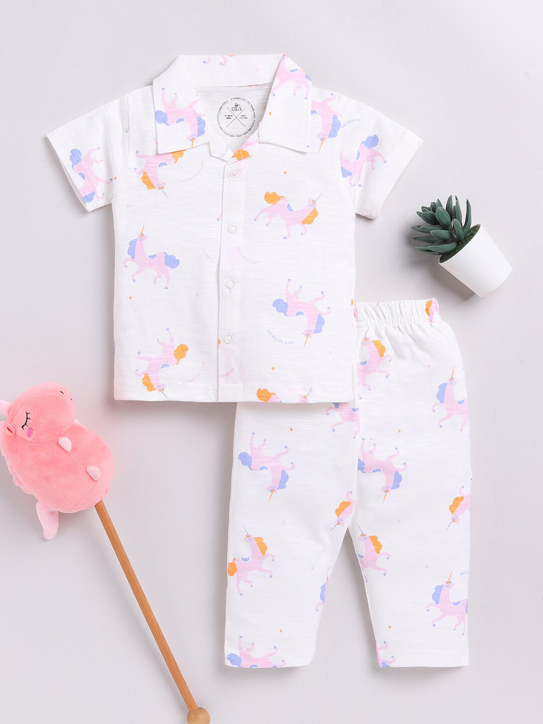 Babyhug Cotton Knit Cap Sleeves Capri Night Suit Unicorn Print - Pink & White