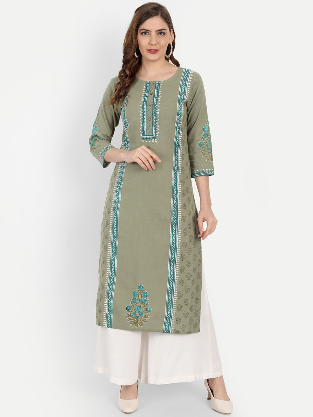 Women Printed Multi Three Quarter Sleeve Round Neck Cotton A-Line Kurta main image 0
