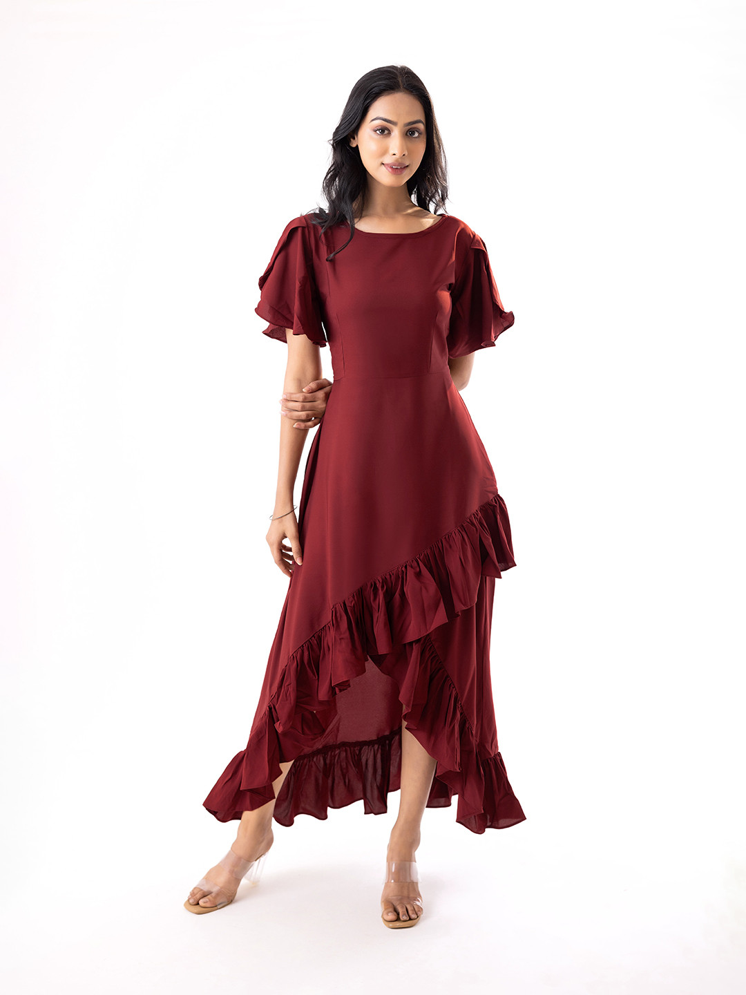 Women's Off White Print One Shoulder Crepe Fit & Flare Maxi Dress