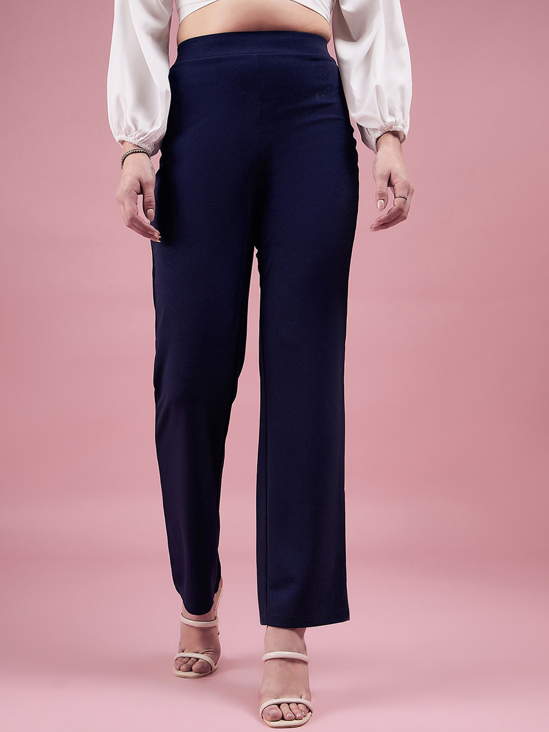Women's Black Straight Fit High-Rise Lycra Parallel Trousers