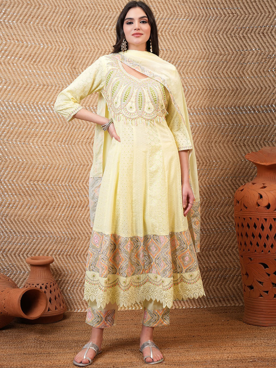 Vishudh Women Ethnic Motifs Embroidered Regular Kurta with Trousers & With Dupatta