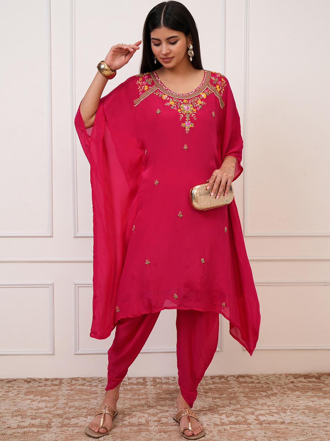Green Velvet Embroidered Kaftan Kurta with Dhoti Pant Set