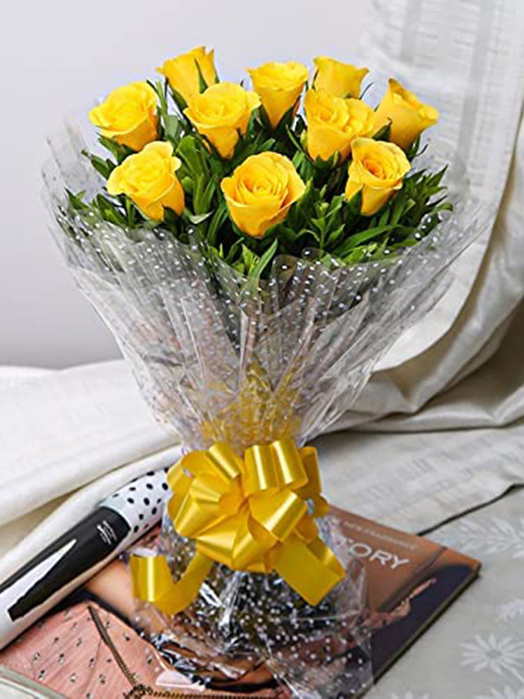 Yellow Color Organza Rose Flower With Leaves Set Of 10