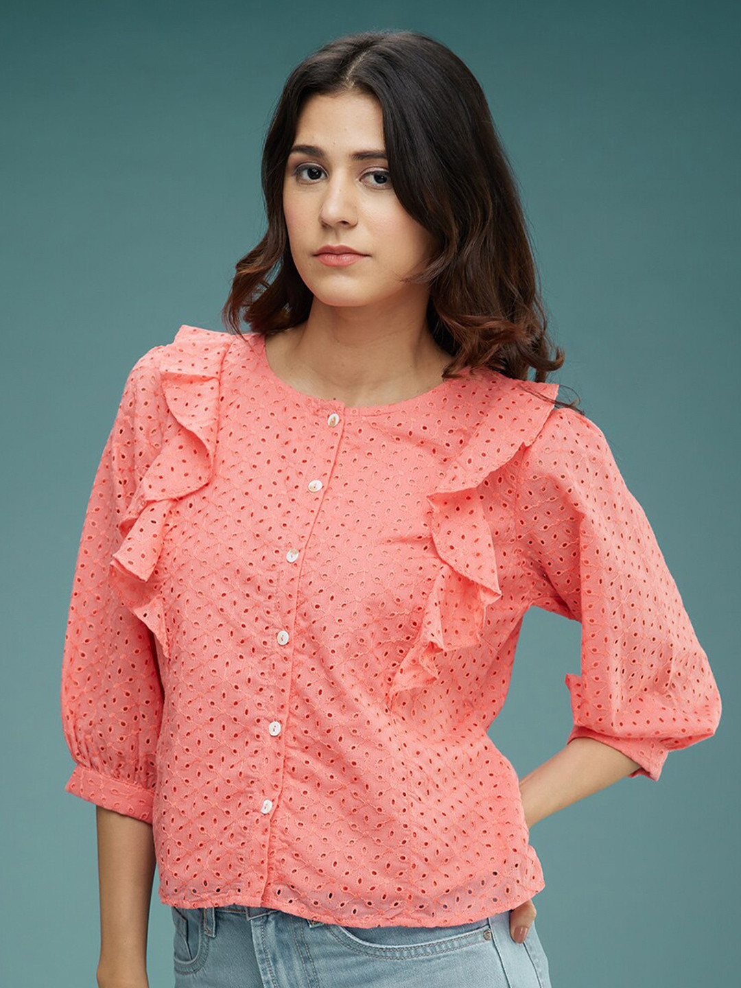 Women's Cream Standard Slim Fit Floral Opaque Printed Casual Shirt