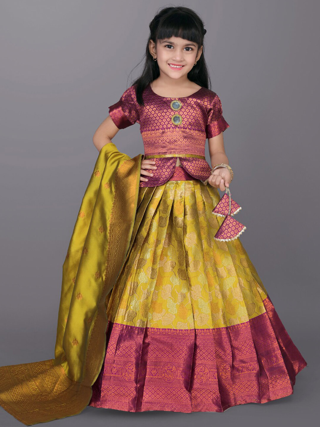Girls Red & Yellow Printed Ready To Wear Lehenga & Blouse With Dupatta