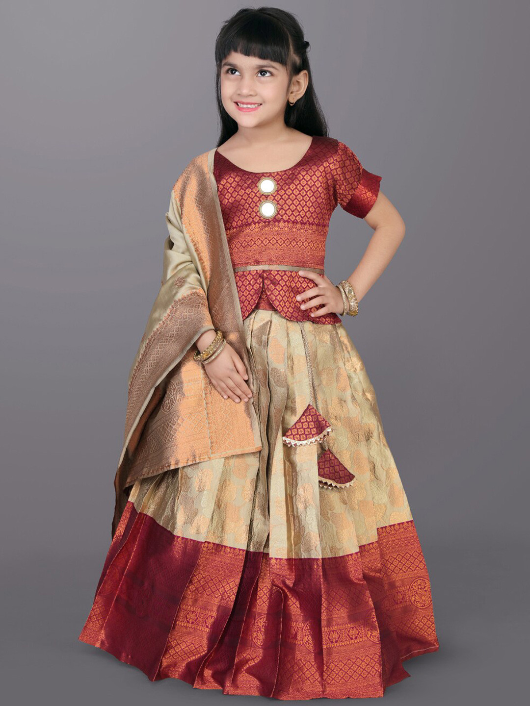 Buy Girls Magenta & Gold Printed Ready to Wear Lehenga Choli with Dupatta – Indiaista