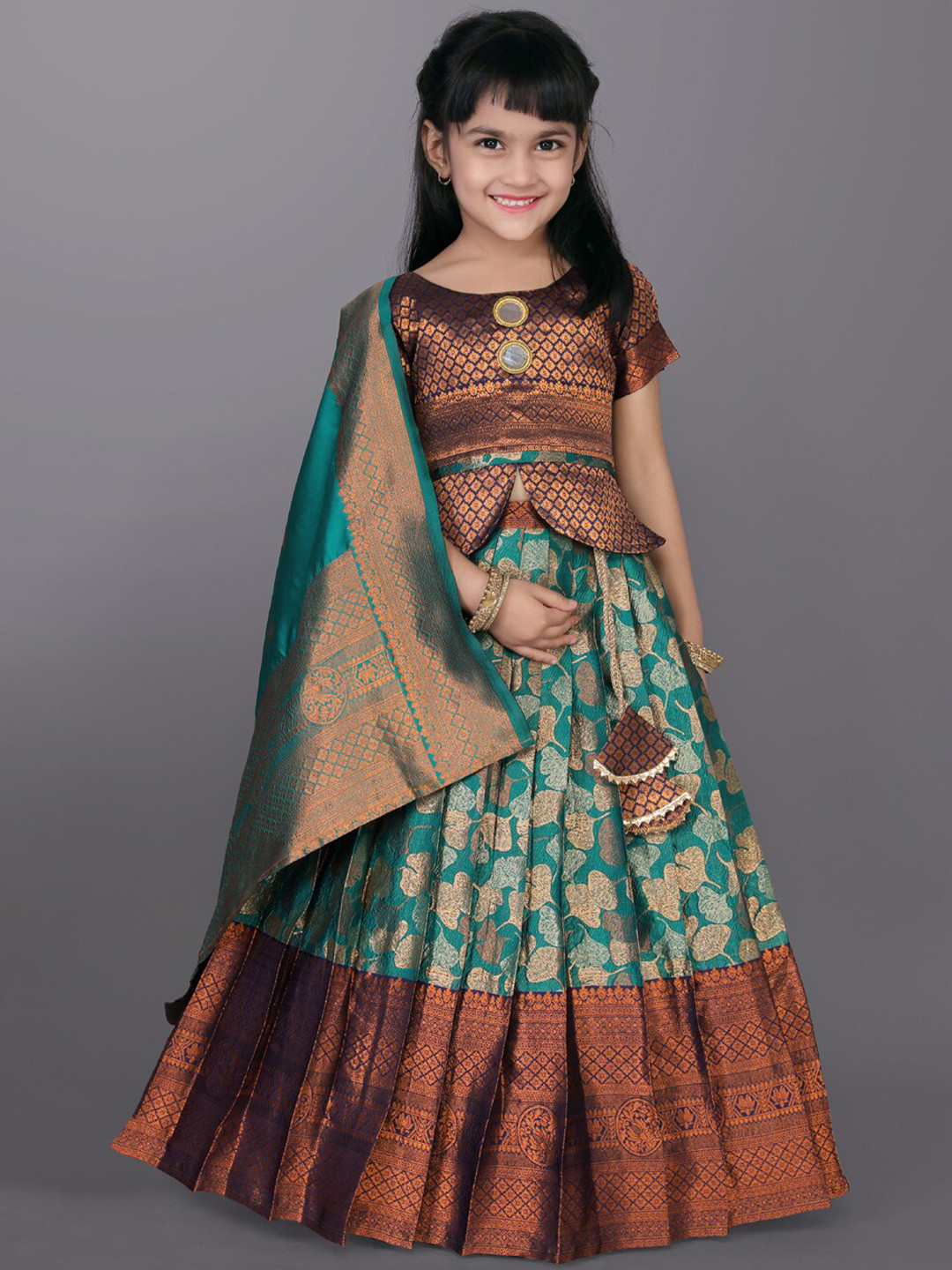 Girls Green & Blue Embroidered Ready To Wear Lehenga & Blouse With Dupatta main image 1