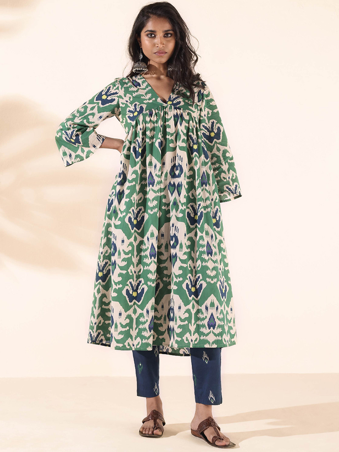 Brown A‑Line Kurta Pant Set For Women — Solid Khadi Cotton Ethnic Outfit