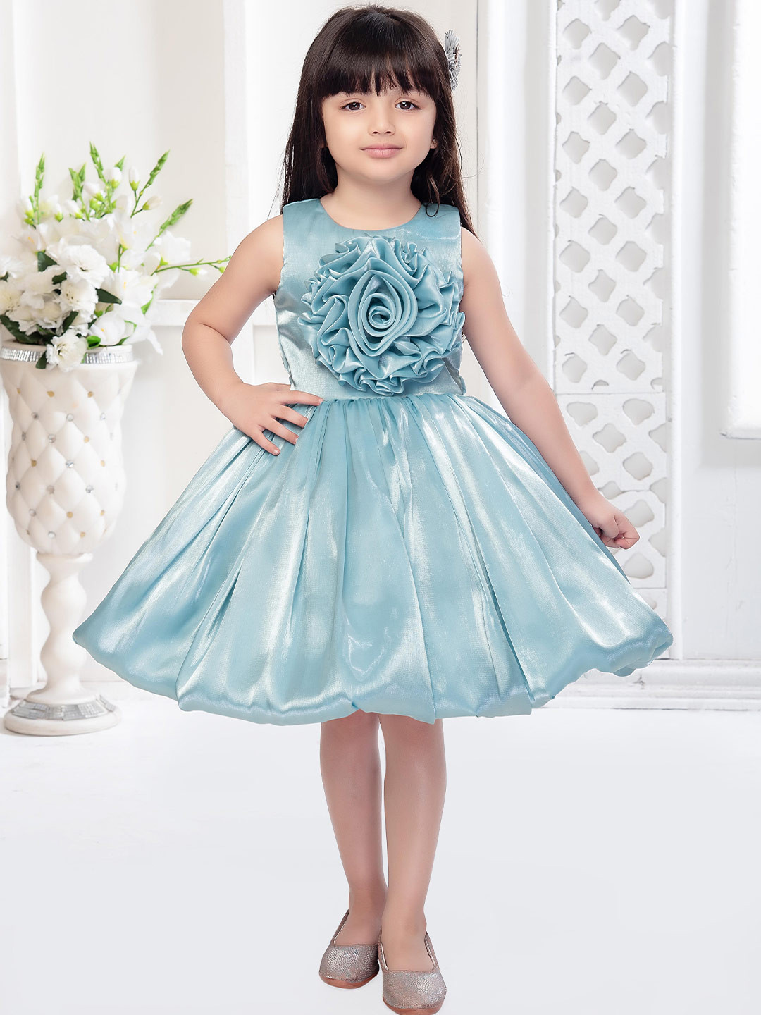 Girls Red Flower Applique Fit & Flare Party Wear Dress main image 1