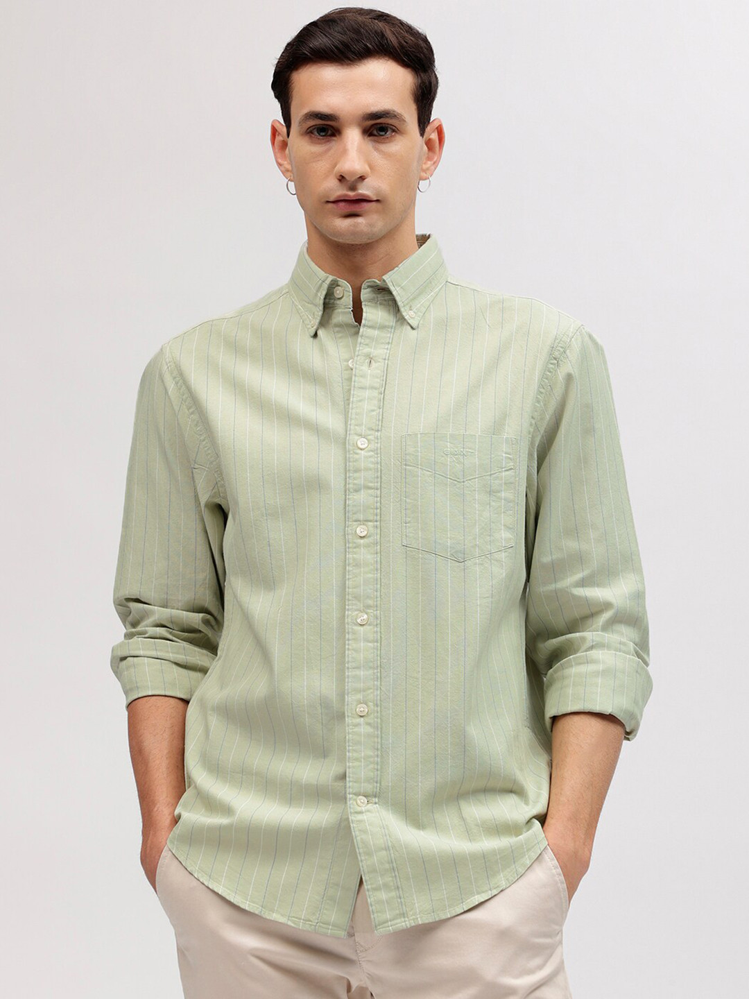 Gant Men Yellow Striped Button-down Collar Full Sleeves Shirt