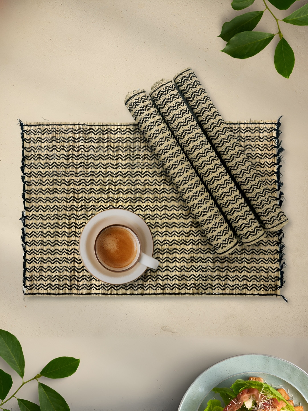 Buy Peepul Tree 4Pcs Black & Beige Self Design Dining Table Mats - Table Placemats for Unisex ...