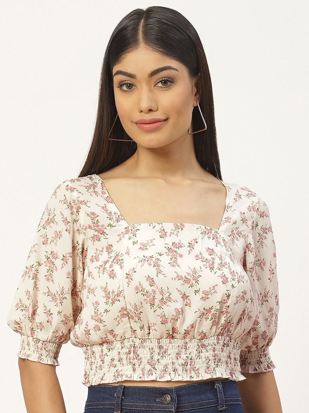 Buy Slenor Floral Print Puff Sleeve Smocked Georgette Blouson Crop Top ...
