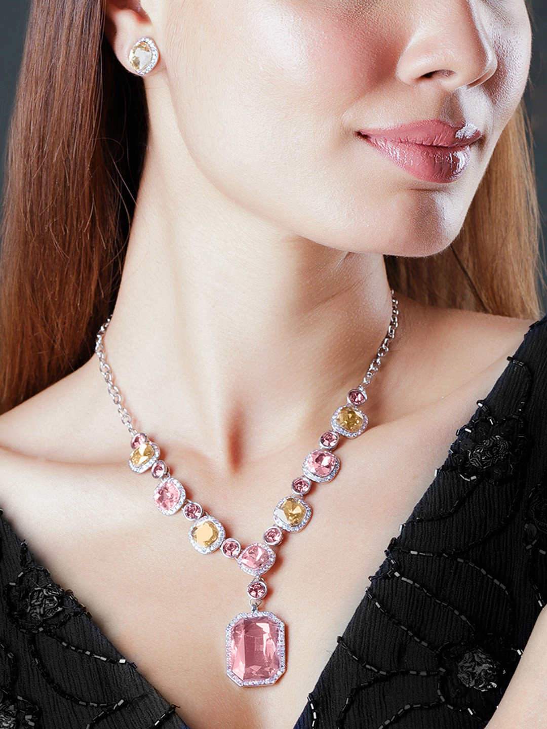 Women Gold-Plated Ruby Pink & Cubic Zirconia Studded Temple Necklace Set