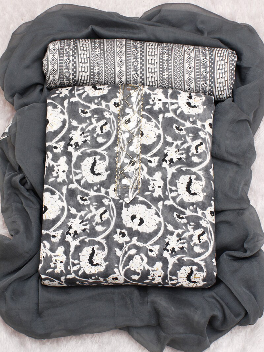 Grey - Jacquard Cotton 3pc Unstitched Dress Material 82