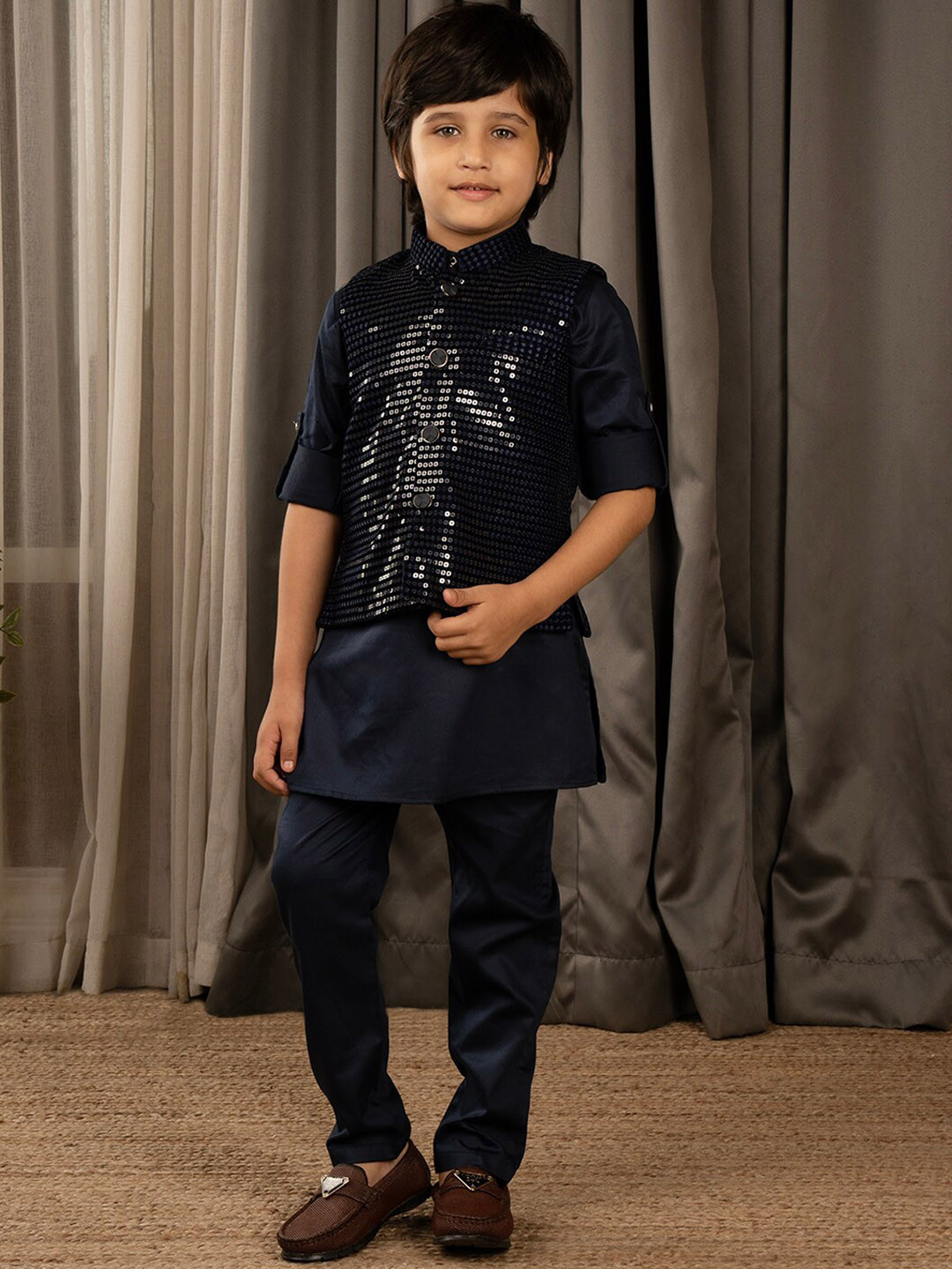 Boy Embroidered Cotton Kurta Set-beige
