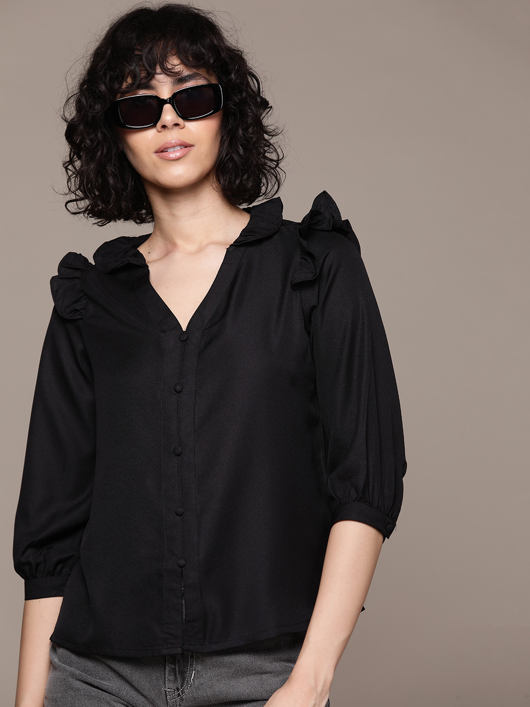 March – Twill Linen Coat with Ruffled Mandarin Collar