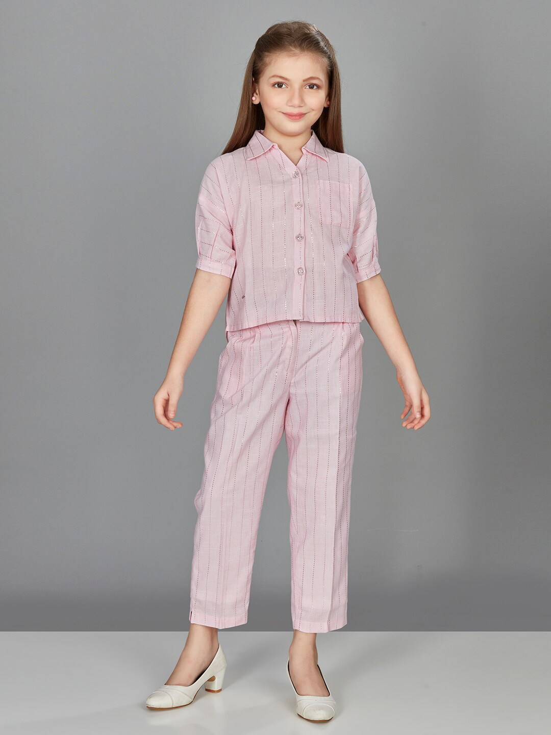 Girls Pink Self Stripes Sleeveless Tiered Top With Pants Co-ord Sets